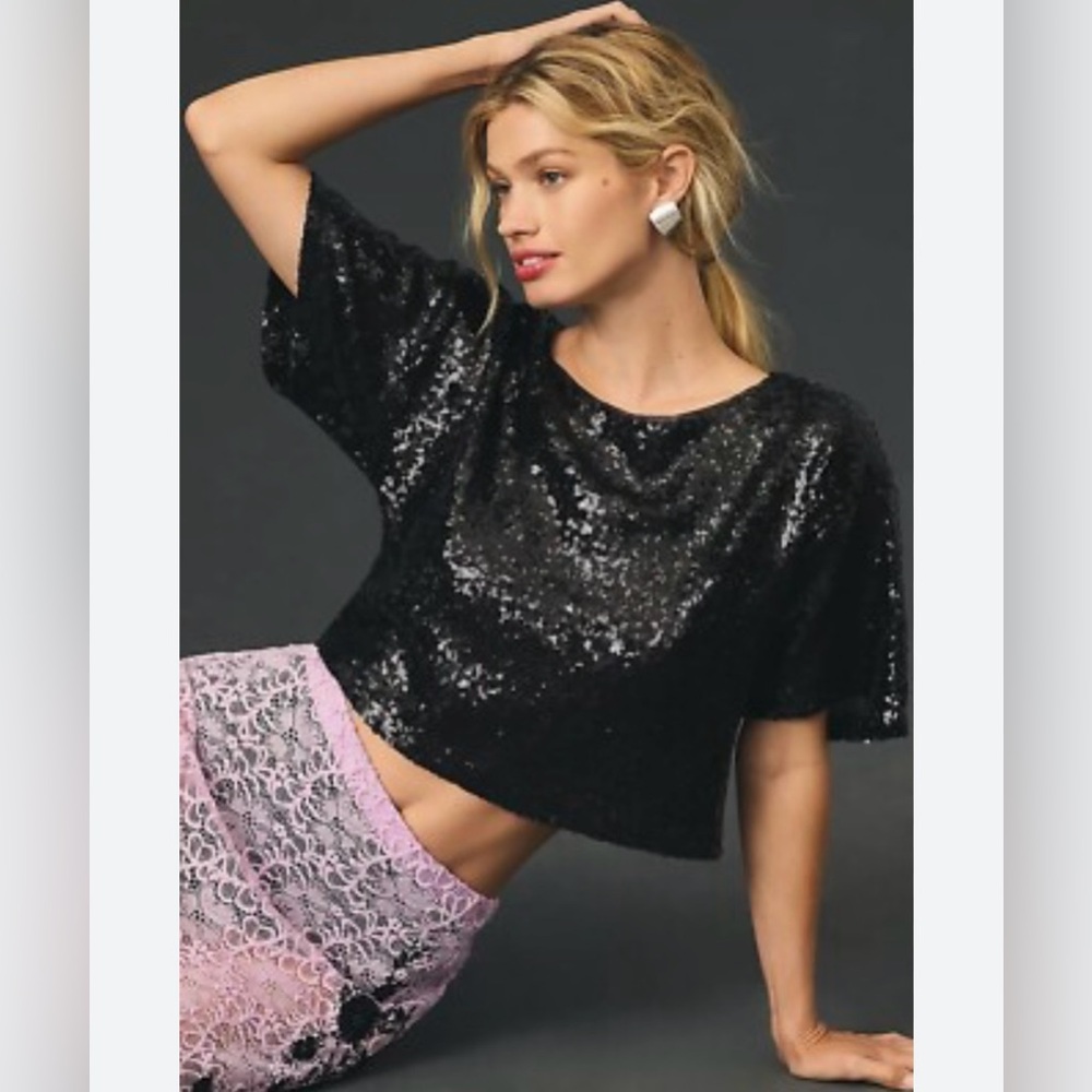 Anthropologie Cropped Short Sleeve Sequin Tee T-Shirt Black Sparkly Boxy - Picture 2 of 6